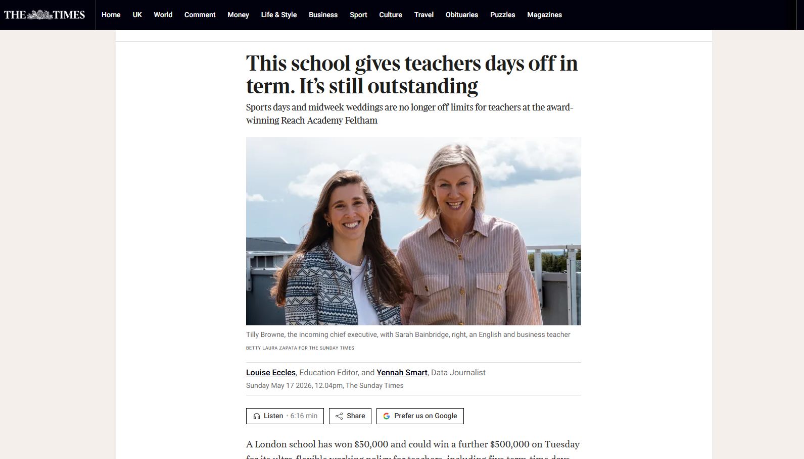 Reach Academy Feltham’s flexible working featured in The Times